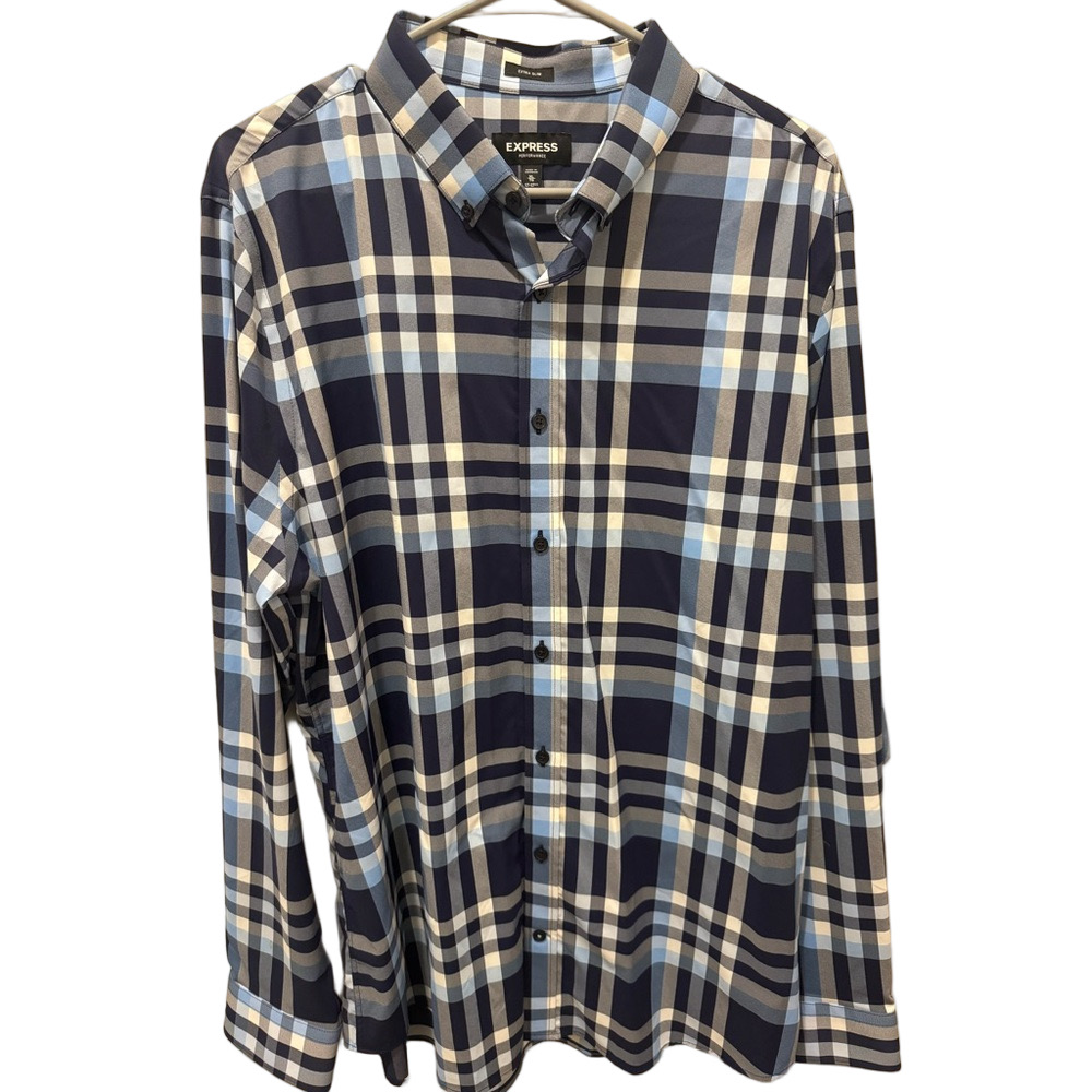 Express Men's Navy and Light Blue Checkered Shirt - Extra Slim XL - Picture 1 of 2